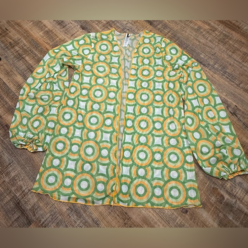 Forplay Retro Mod Sheer Mesh Cardigan Green Orange Festival M